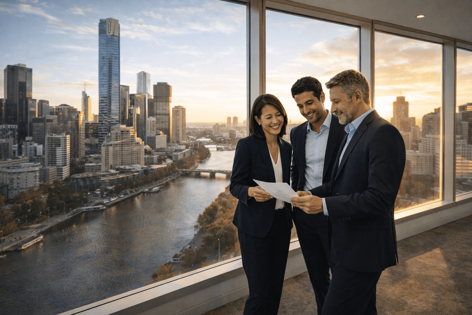 Numberz Insight professional team in Melbourne office with city skyline view