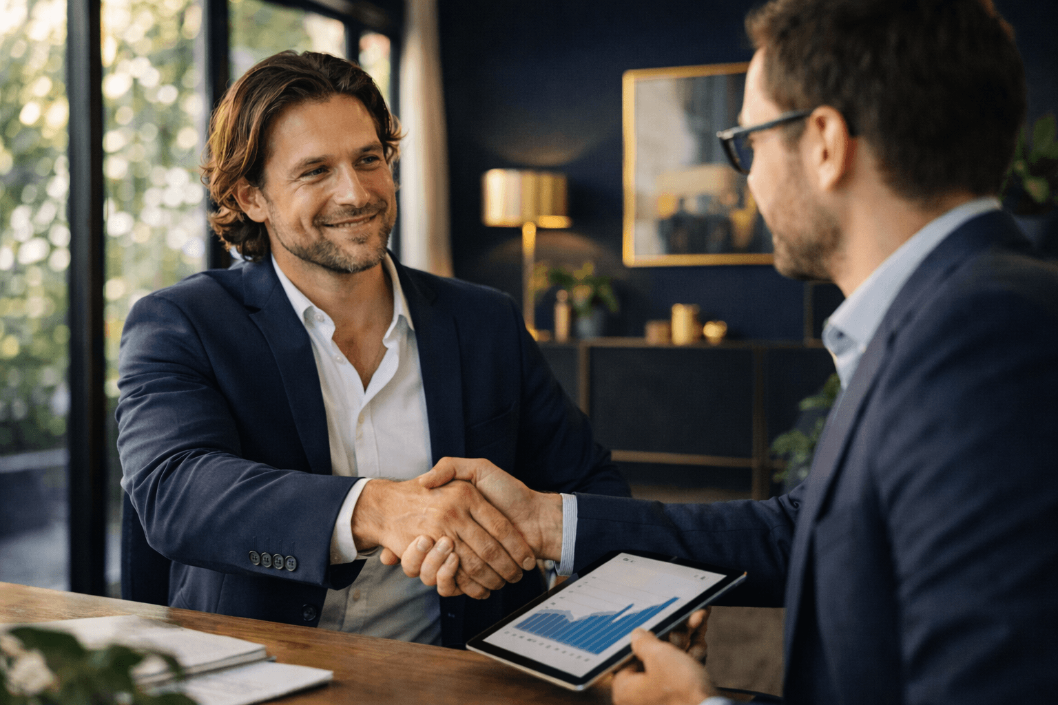 Business owner and financial advisor shaking hands in a modern office