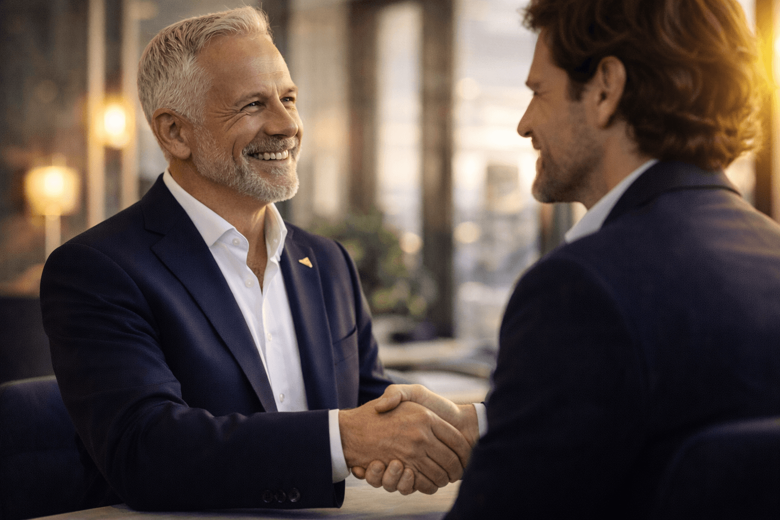 Professional financial advisor and business owner collaborating on growth strategy